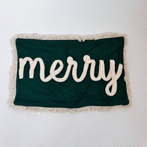 MERRY Sweater Script Festive Green and Cream Oblong Pillow Cover 15”x25”